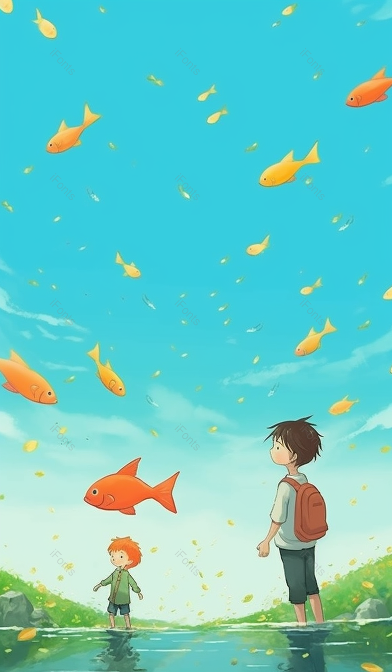 小孩子眼中的奇妙世界河水游鱼卡通插画手绘图,插画/手绘图,插画/手绘图库,插画/手绘图下载,插画/手绘